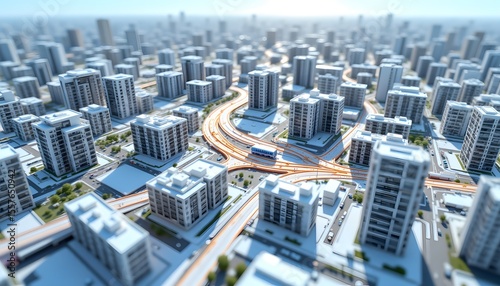 A high fidelity, three dimensional cityscape rendered with realistic textures and lighting