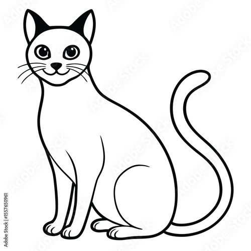 Cute black and white cartoon cat sitting and looking forward with big eyes