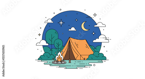 Cozy Evening Camping Adventure Under a Starry Sky with a Crackling Bonfire