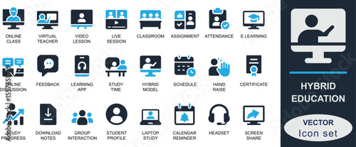Flat solid icons representing hybrid education concepts like online learning, virtual classes, assignments, schedules, feedback, and student progress. Perfect for UI and apps.