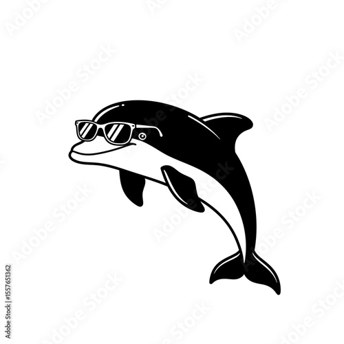 Stylized dolphin wearing sunglasses in black and white silhouette