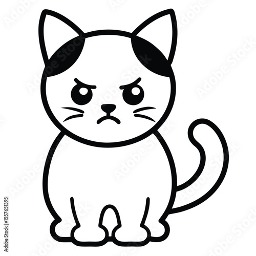 Cute cartoon black and white grumpy cat sitting with a displeased expression
