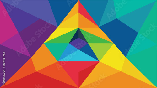 Geometric composition of colorful polygonal shapes forming abstract triangle and pentagonal patterns