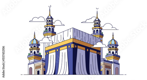 Illustrative depiction of the Kaaba in Mecca surrounded by minarets and clouds