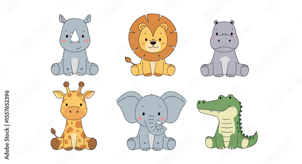 Naklejka premium Adorable Cartoon Safari Animals Zoo Creatures Collection Fun Cute Wildlife Friends