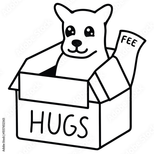 Cute cartoon dog in a box labeled hugs with a fee note