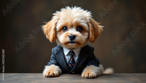A fluffy, miniature canine, bearing a meticulously groomed coat of soft curls, is the unexpected subject of a formal portrait