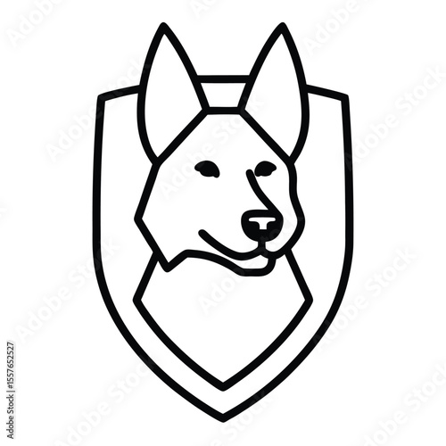 Stylized line art icon of a german shepherd dog head on a shield