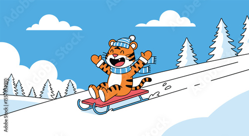 Joyful Tiger Rides a Sled Down a Snowy Hill During Winter Fun