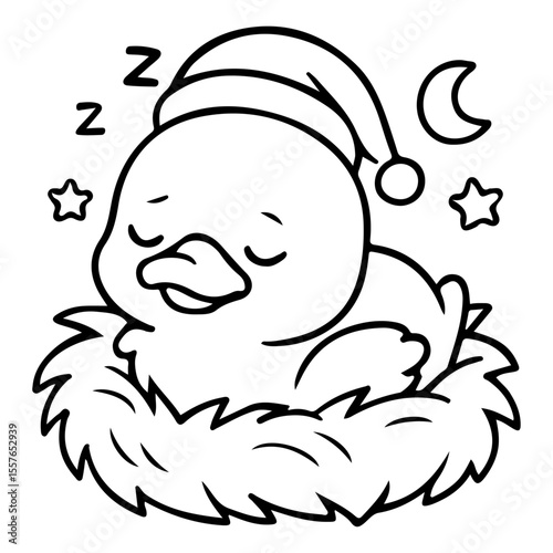  Baby duck wearing a Santa hat and sleeping for a kids' book coloring 