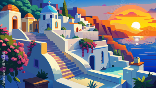 Whitewashed buildings cascade down a cliffside under golden sunset. Blue domes glowing gently, shadows curve over stone steps, bougainvillea vines swaying, soft sea breeze in the glowing horizon.

