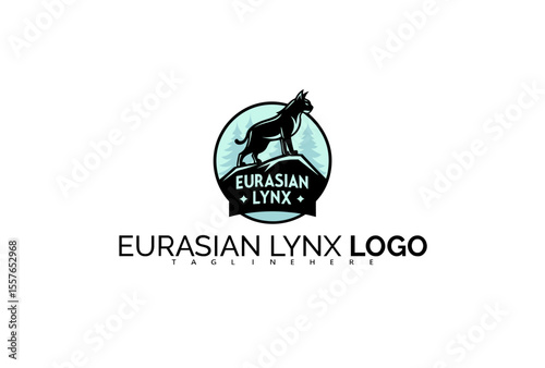 Bold Eurasian Lynx Logo Design Featuring Stylized Night Sky and Tree Silhouettes. Designed for Starwatching Tours, National Park Branding, and Adventure Merchandise.

