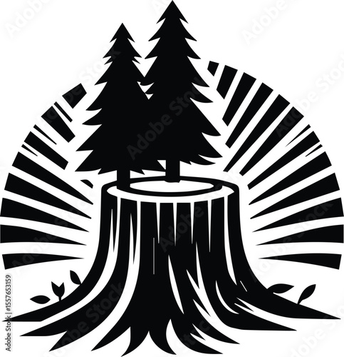 Tree of Life Growing from Stump, Nature Regeneration Silhouette Vector.