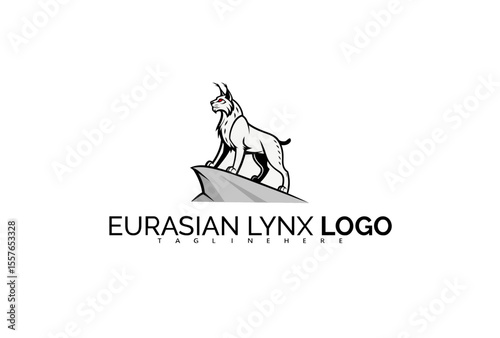 Eurasian Lynx Logo Design with Wildcat in Mid-Pounce Over Snowy Trail. Designed for Motion-Based Branding, Ski Brands, and Animal Movement Logo Concepts.

