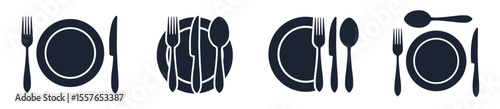 Menu logotype set, cutlery icon, tableware sign, plate, fork and knife icons in different variations