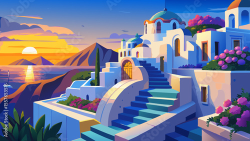 Whitewashed buildings cascade down a cliffside under golden sunset. Blue domes glowing gently, shadows curve over stone steps, bougainvillea vines swaying, soft sea breeze in the glowing horizon.

