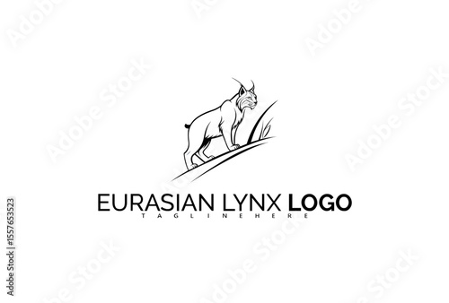 Elegant Eurasian Lynx Logo Design Featuring Stylized Mountains and River Trail. Perfect for Forest Navigation Apps, Eco Resorts, and Ethical Outdoor Branding.


