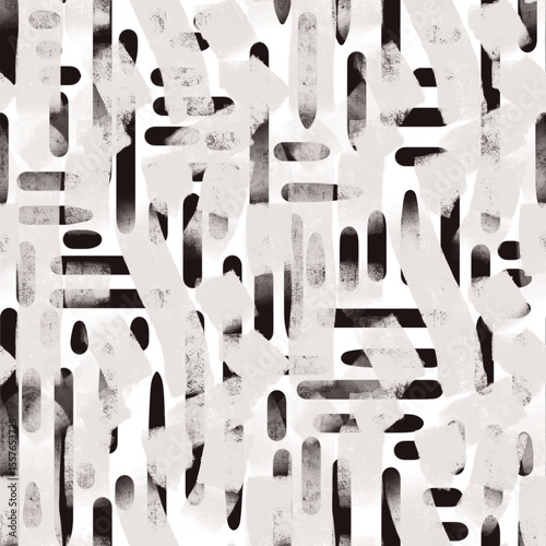 Seamless abstract geometric pattern. Digital brush strokes, lines, grid, stains. Beige, black, white. Design for textile fabrics, wrapping paper, background, wallpaper, cover.