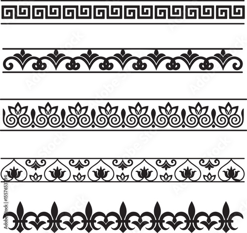 Set of Elegant Black Decorative Borders with Greek, Floral, and Fleur-de-lis Motifs
