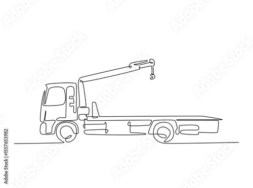 Tow truck with winches in single outline illustration. Continuous line art drawing of car tow truck.