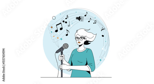 A Woman Singing Enthusiastically Under a Circle of Musical Notes and Stars