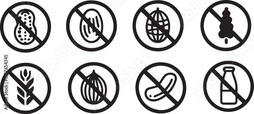 Black and white icons for common food allergens no peanuts no gluten