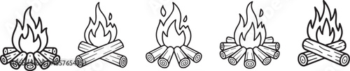 Black and white line drawings of campfires with logs and flames wood