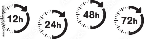 Black circular time duration icons with arrows and hour markers hours clock