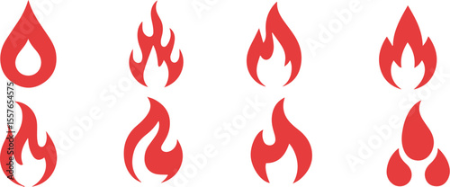 Eight minimalist red flame icons fire symbol