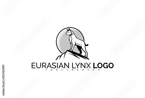 Bold Eurasian Lynx Logo Design Featuring Wildcat in Low Light with Mountains. Great for Dark Theme Products, Forest Night Tours, and Rugged Outdoor Apparel Brands.

