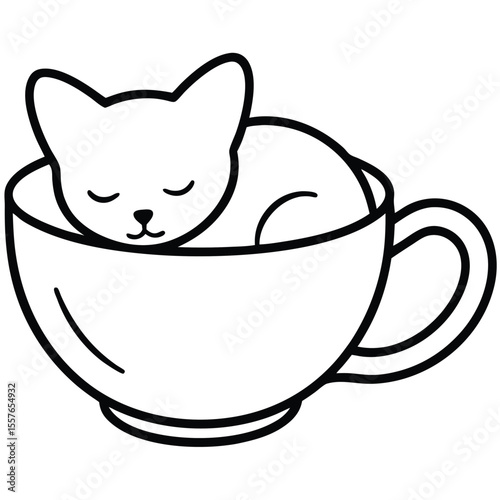 Cute cartoon cat sleeping peacefully curled up inside a coffee cup