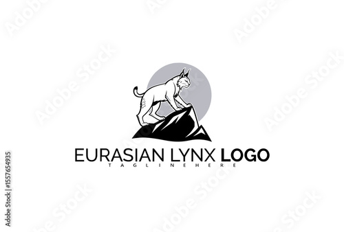 Powerful Eurasian Lynx Logo Design with a Wildcat Running Through Snowy Landscape. Ideal for Cold Region Branding, Fast Wilderness Products, and Motion Logos.

