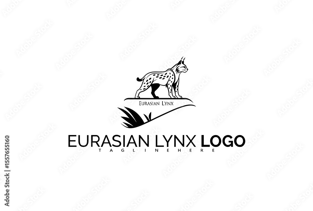 Obraz premium Elegant Eurasian Lynx Logo Design Featuring Whimsical Floral Motif and Forest Scene. Designed for Organic Brand Identity, Green Packaging, and Ethical Product Branding.