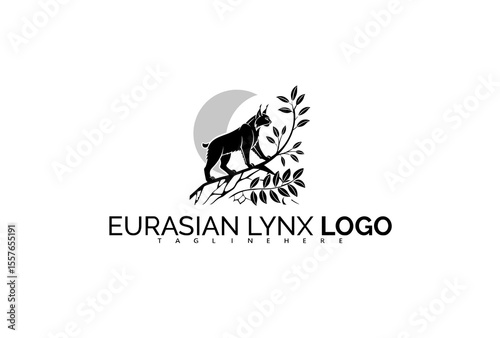 Eurasian Lynx Logo Design Featuring Forest, Wildcat, and River Elements in Harmony. Ideal for National Nature Initiatives, Camping Gear, and Landscape Preservation Identity.

