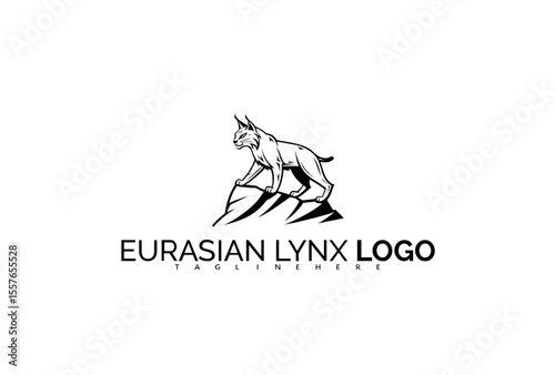 Eurasian Lynx Logo Design Featuring Full-Body Side View with Dense Forest Backdrop. Designed for Adventure Gear, Environmental Nonprofits, and Rugged Logo Projects.

