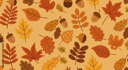 Autumnal pattern with stylized maple oak and rowan leaves plus acorns.