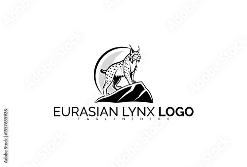 Bold Eurasian Lynx Logo Design with Angled Perspective and Dramatic Forest Backdrop. Designed for Mountaineering Brands, Adventure Shows, and Forest Trail Maps.

