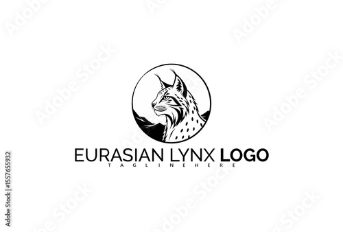 Eurasian Lynx Logo Design with Mountain Crest and Sunset Illustration. Ideal for Eco Adventure Startups, Outdoor Tourism, and Scenic Nature Logo Concepts.


