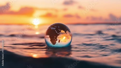 Glass Globe Floating in Shallow Ocean Water at Sunrise with Soft Scandinavian Light