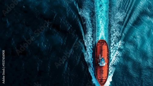 An aerial perspective captures a vibrant orange rescue boat slicing through dark blue water, leaving a frothy wake. It's a captivating composition of contrast and movement.