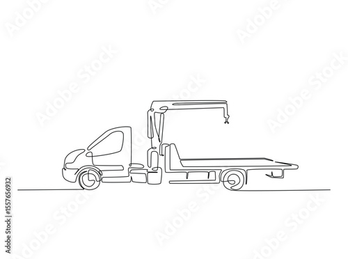 Tow truck with winches in single outline illustration. Continuous line art drawing of car tow truck.