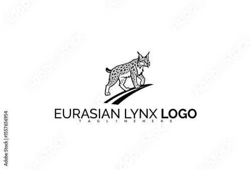 Eurasian Lynx Logo Design Featuring a Wildcat and Pine Tree Silhouettes. Ideal for Forest Preservation Campaigns, Wildlife Tours, and Premium Adventure Brands.

