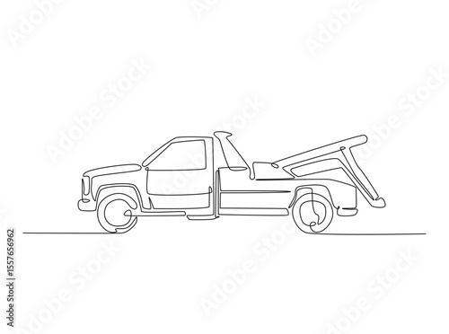 Tow truck with winches in single outline illustration. Continuous line art drawing of car tow truck.