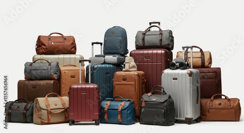 Various travel bags and suitcases stacked in a display.