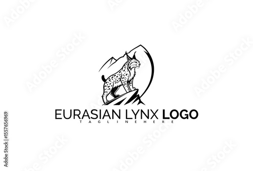 Elegant Eurasian Lynx Logo Design in Circular Frame with Mountain Background. Perfect for High-End Wilderness Products, Lodge Branding, and Adventure Gear Lines.

