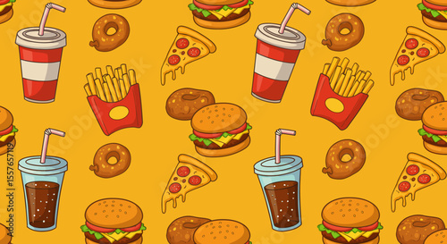 Cartoon Fast Food Pattern Burgers Pizza Donuts Fries and Soda Drinks.