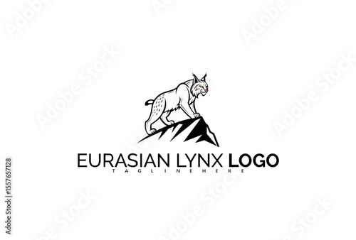 Elegant Eurasian Lynx Logo Design with Abstract Hills and Moon Elements. Ideal for Spiritual Nature Retreats, Eco Camps, and Environmental Wellness Branding.

