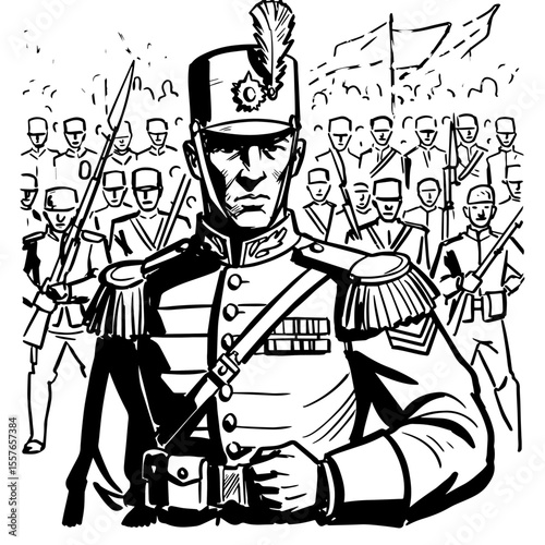 Commanding military parade officer in detailed ceremonial uniform, standing resolutely before disciplined army troops. Strong image depicts national strength, honor,