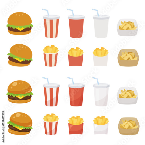 ハンバーガーとポテトとドリンクのイラスト素材セット
