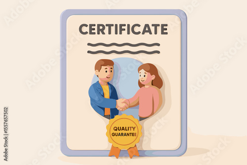 3D quality guarantee certificate with golden seal. Man and woman shaking hands for a business partnership agreement. Concept of quality control, standards, teamwork, and success. Vector icon.